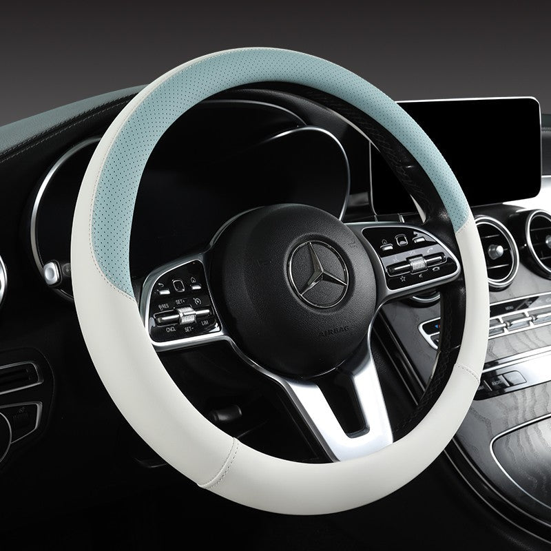 Perforated Nappa Leather Car Steering Wheel Cover Warm in Winter and Cool in Summer, Universal 15 Inch, Anti-Slip, Odorless