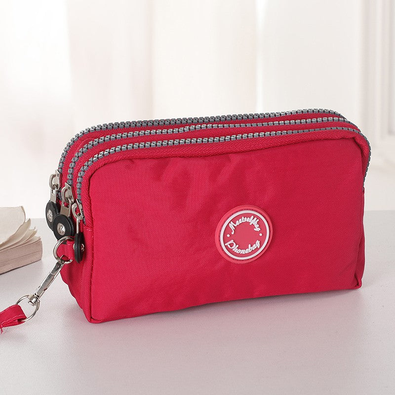 Daily multi-functional ladies handbag three-layer zipper large capacity mobile phone bag pure color coin purse key storage bag