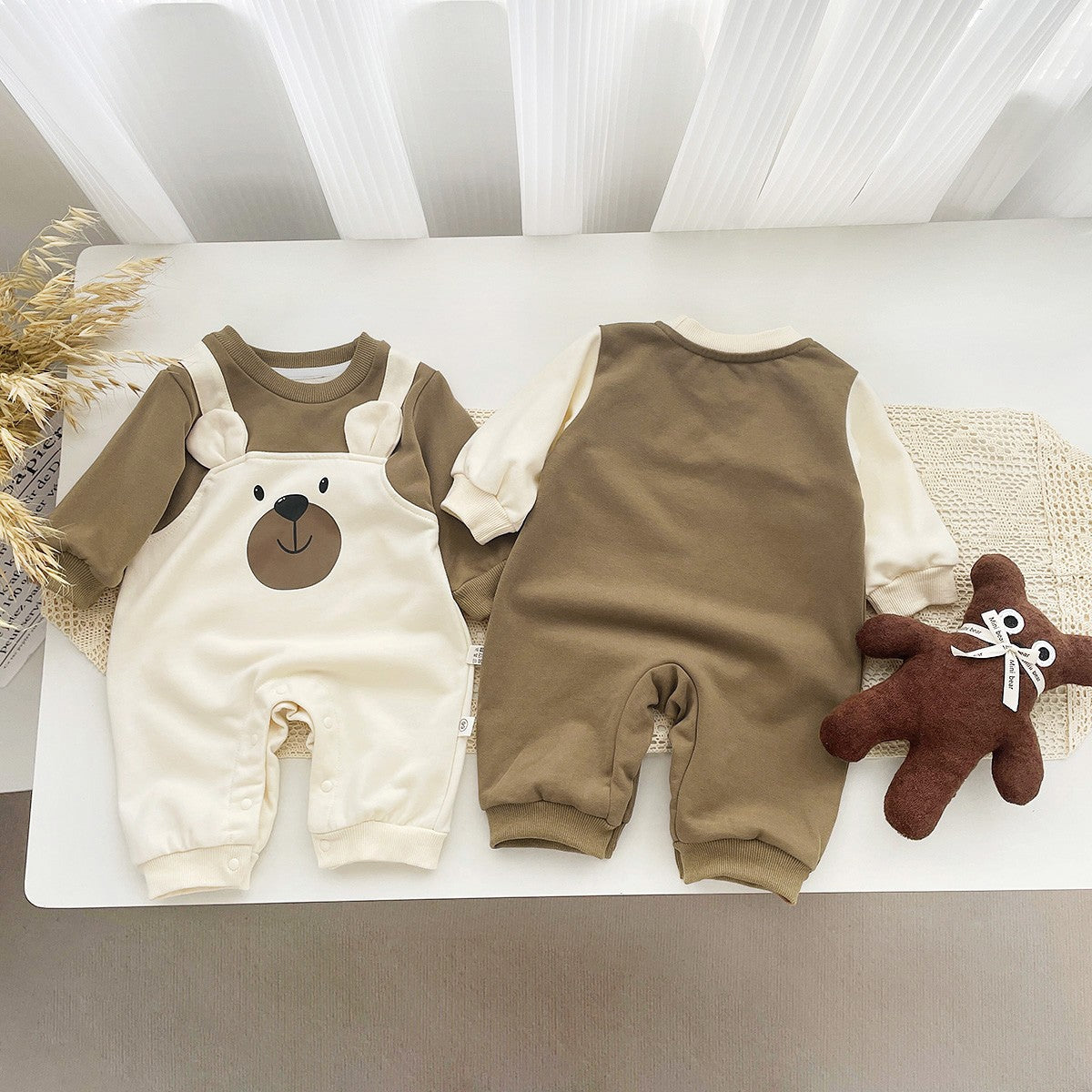 Autumn Baby Bodysuit Little Bear Pattern Dual Color Long Sleeve Warm Jumpsuit Baby Clothes Baby Boys Girls Romper 0-2 Years Old
