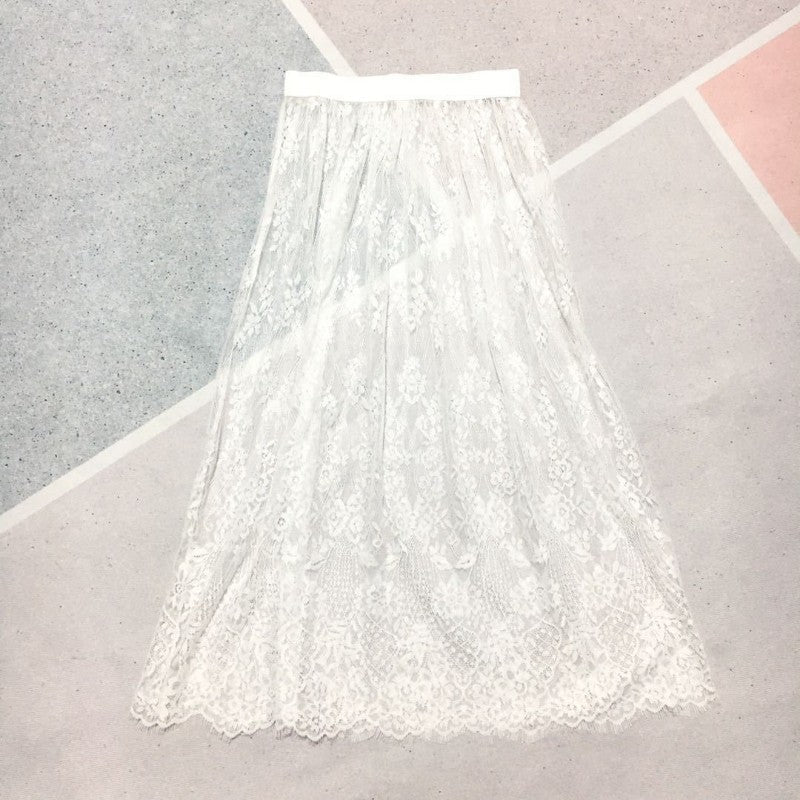 Transparent Sexy Lace Mesh Skirt Elastic High Waist Black White Tulle Mini Skirts Womens Skirt Korean Fashion