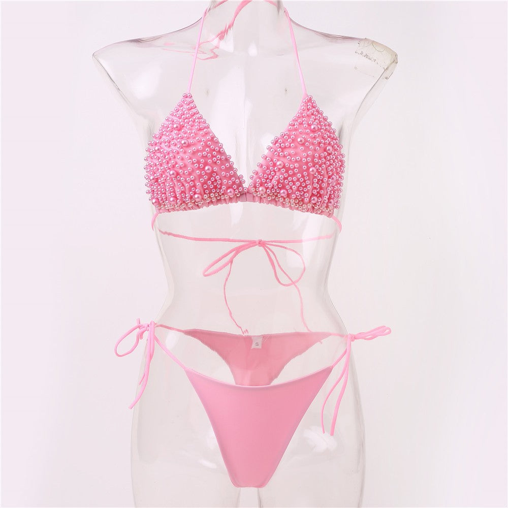 Pink Bikini Set Pearl Sexy Thong Swimsuit Women Backless Micro String pearls Bikinis Beach Outfit Vacation Swimwear Bathing Suit