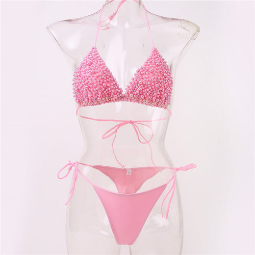 Pink Bikini Set Pearl Sexy Thong Swimsuit Women Backless Micro String pearls Bikinis Beach Outfit Vacation Swimwear Bathing Suit