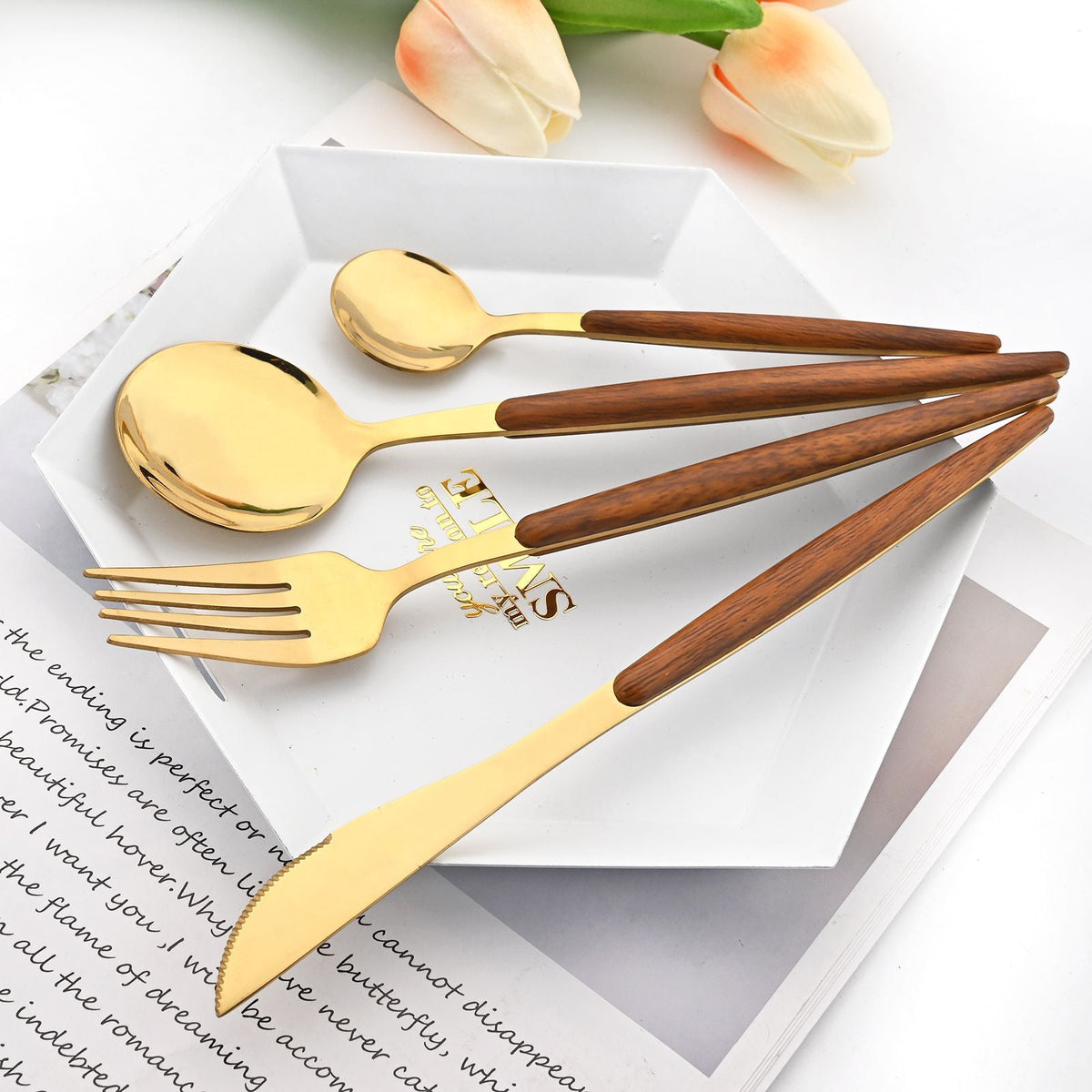 Drmfiy 24Pcs Brown Silver Dinnerware Stainless Steel Imitation Wooden Handle Silverware Knife Spoon Fork Cutlery Set Tableware