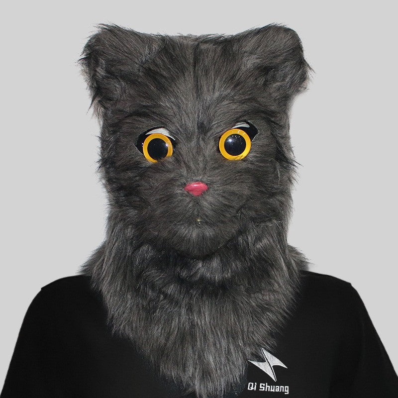 Movable Mouth Cat Head Mask Animal Latex Cute Helmet Artificial Fur for Halloween Costumes Party Props Adult Size