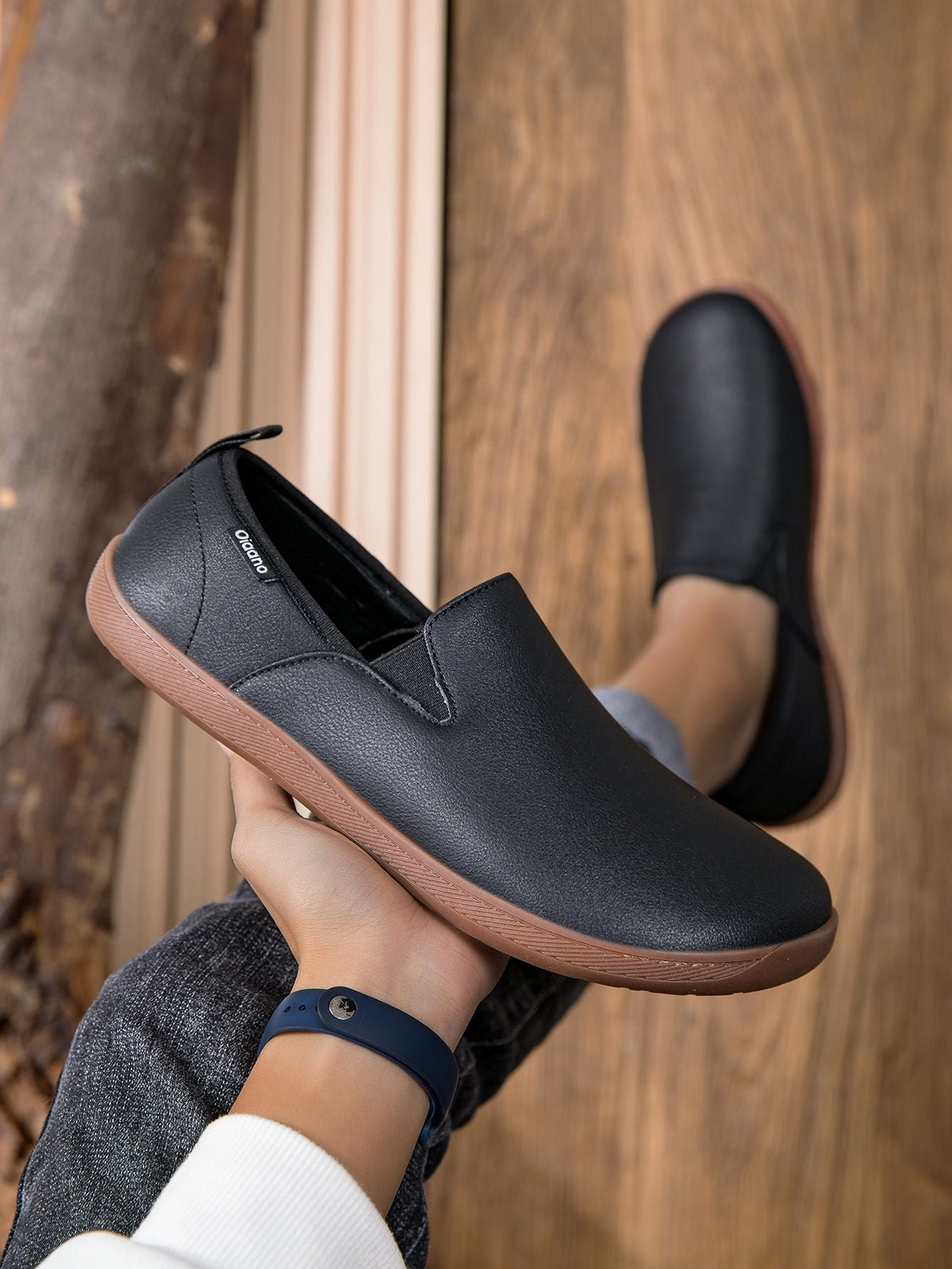 Oiaano Wide Toe Men Minimalist Shoes Comfortable Sneakers Leather Casual Shoes Black Slip On Leisure Loafers Drive Office