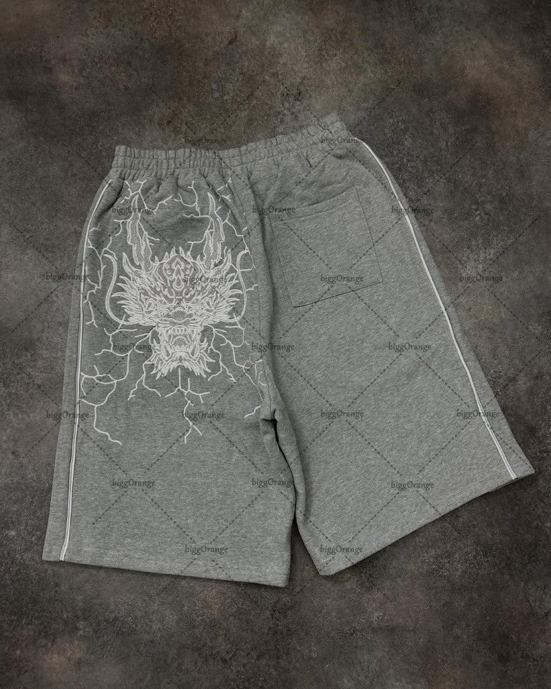 American Hip-hop Dragon Head Striped Casual Loose Shorts Men 2025 High Street Retro Punk Fashion Oversized Straight Pants Women