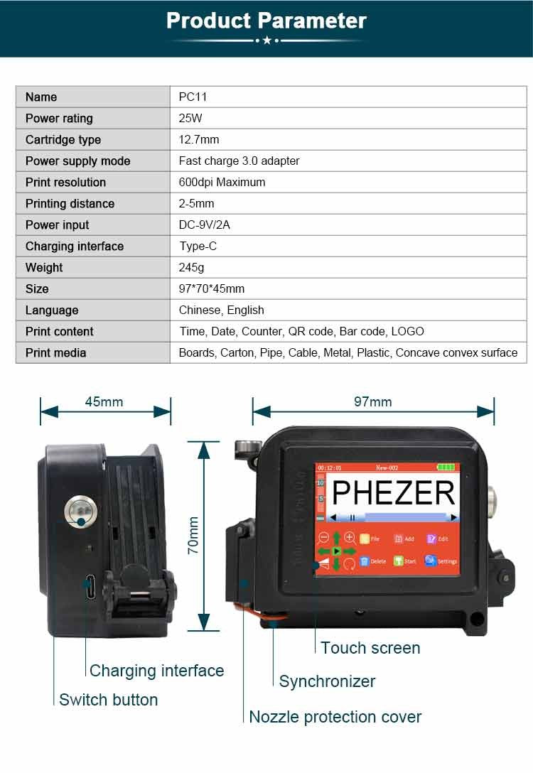 Phezer 30 Languages 12.7/25.4mm PC11Plus Mini Printer Portable Printer QR Bar Code Date Logo Expiry Date Handheld Inkjet Printer