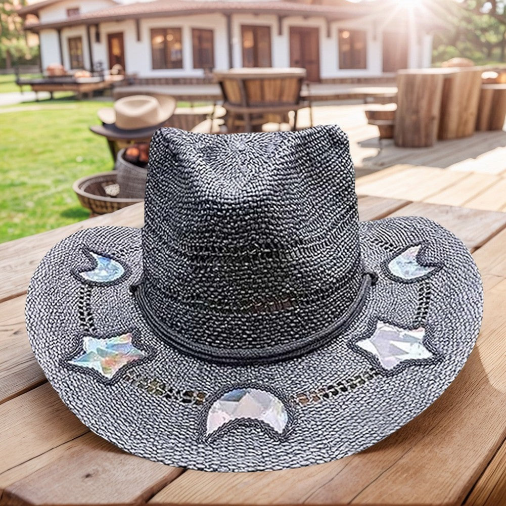 Suncatcher Cowgirl Straw Prism Hat Cowboy Hat Handmade Weave Women Straw Cap Wide Brim Women's Fashion Sun Hat for Summer Beach