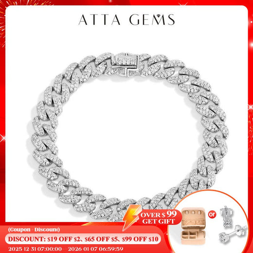 ATTAGEMS DVVS1 Full Moissanite Cuba Chain for Man Women 925 Sterling Silver 18k Gold Plated Hip Hop Tennis Bracelet Fine Jewelry