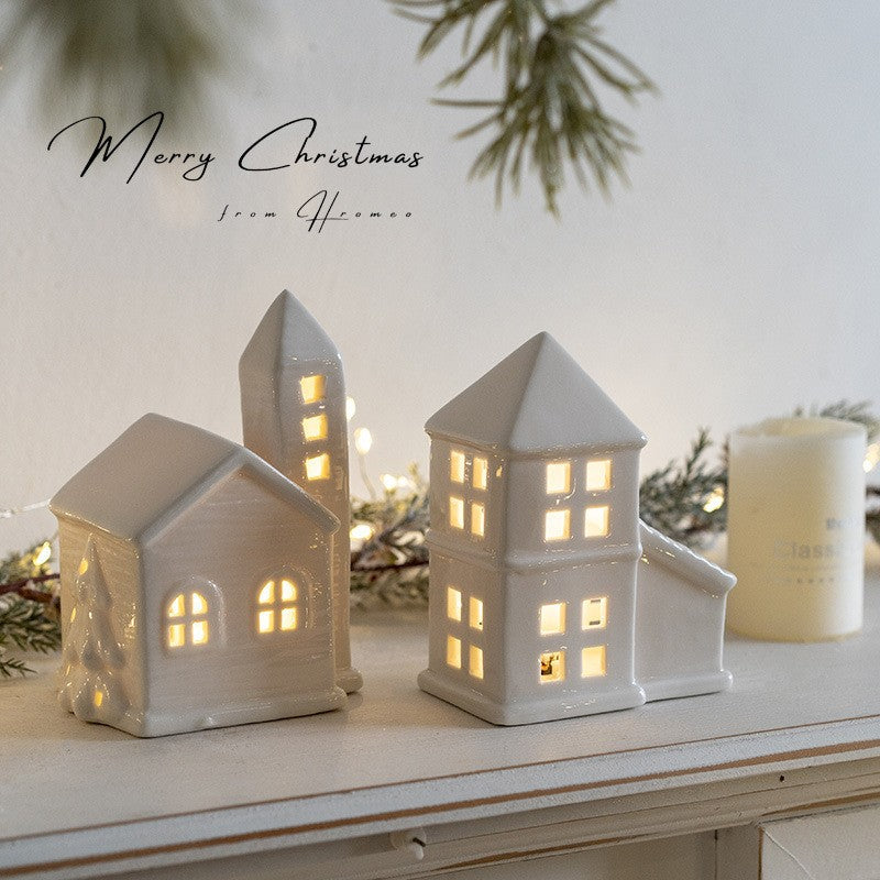 Glowing Ceramics Village House LED Light Up Porcelains Statue Figurine Festival Home Desktop Decors Christmas Ornament