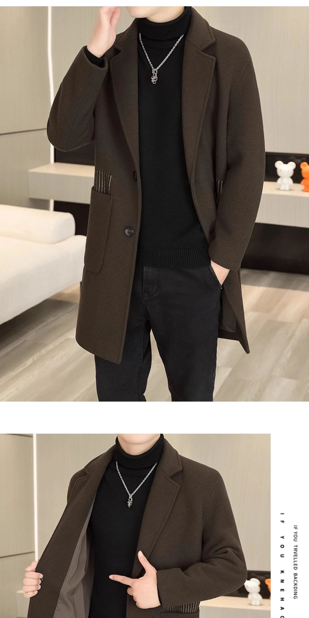 Men's Long Over-the-Knee Trench Coat Youth Black Business Casual Suit Collar Overcoat Mid-Length Trench Coat