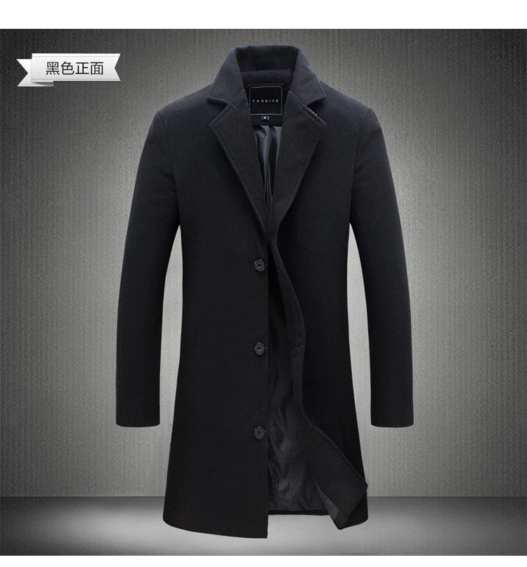 2025 Autumn Winter New Wool Men Long Cotton Coat Blend Pure Color Casual Business Fashion Slim Windbreaker Jacket Men Clothing