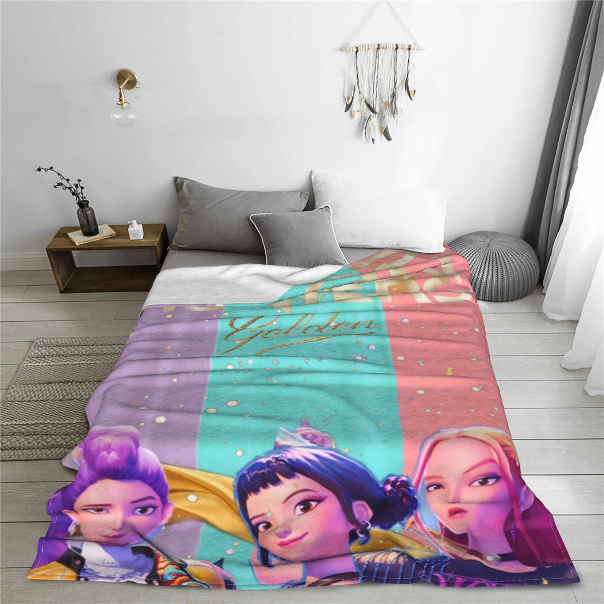 kpop Demon Hunters Huntrix Golden Blanket Warm Graphic Plush Throw Blanket For Girls Boys Living Room Flannel Bedspread Cover