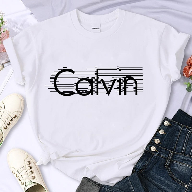 Women's summer 100% pure cotton fashionable casual loose Calvin letter pattern printed round neck short sleeved T-shirt top