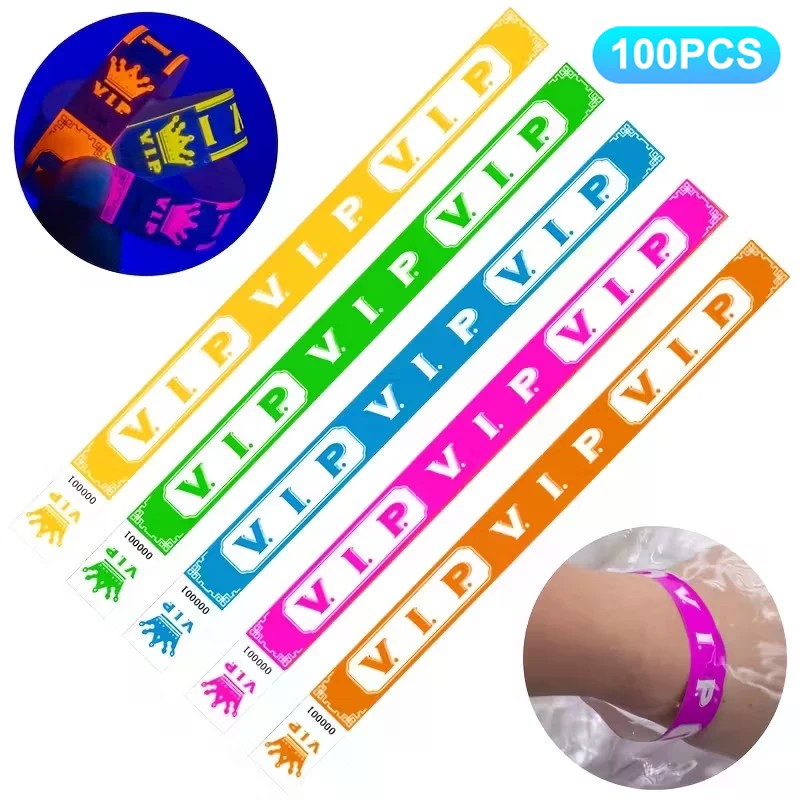 100pcs VIP Neon Paper Bracelets Fluorescent Waterproof Disposable Bracelets Tamper-Proof For Parties, Music Festivals & Events