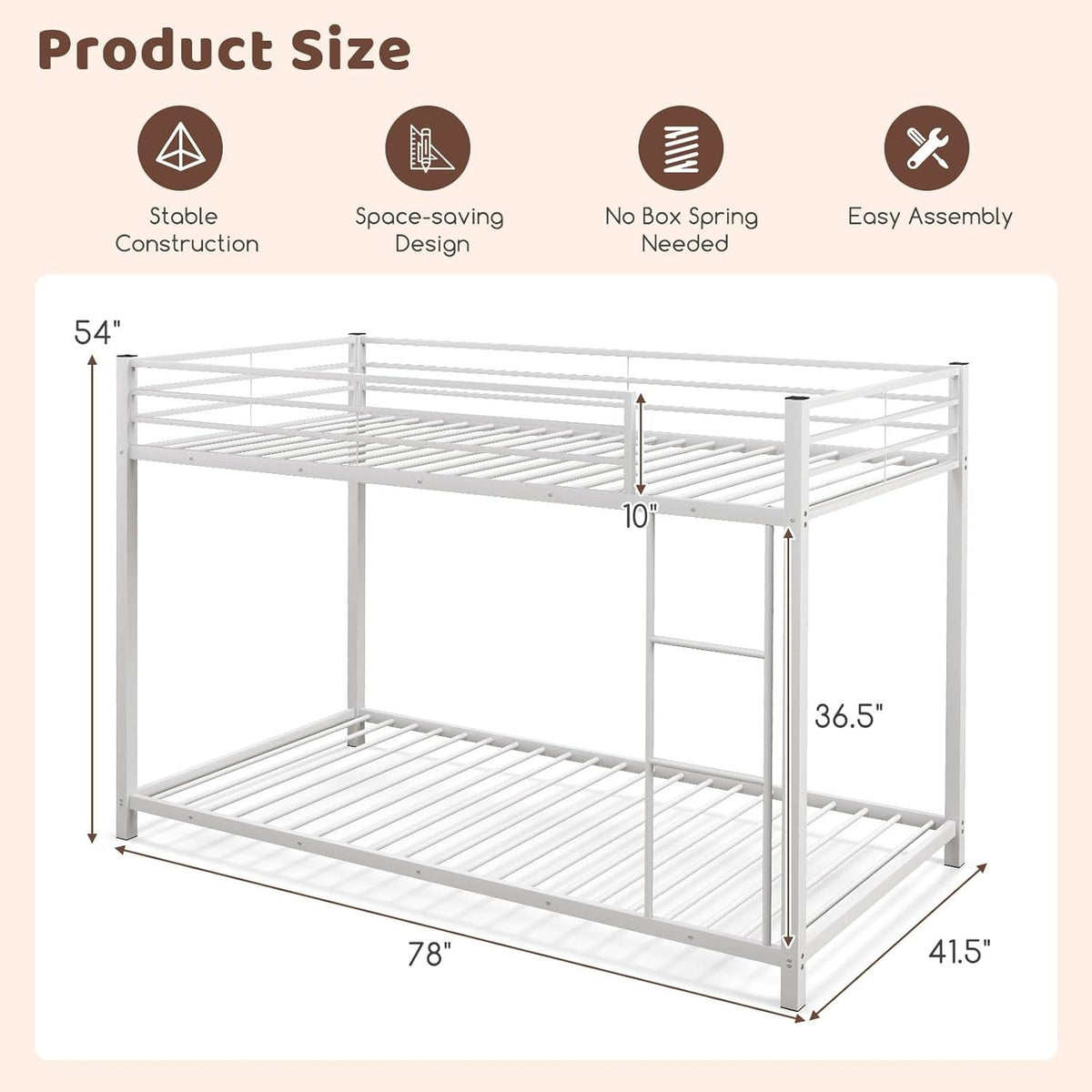 White Twin Over Twin Metal Bunk Beds, Heavy Duty Bed Frame with Safety Guard Rail & Ladder, Low Floor Bunk Bed for Boys