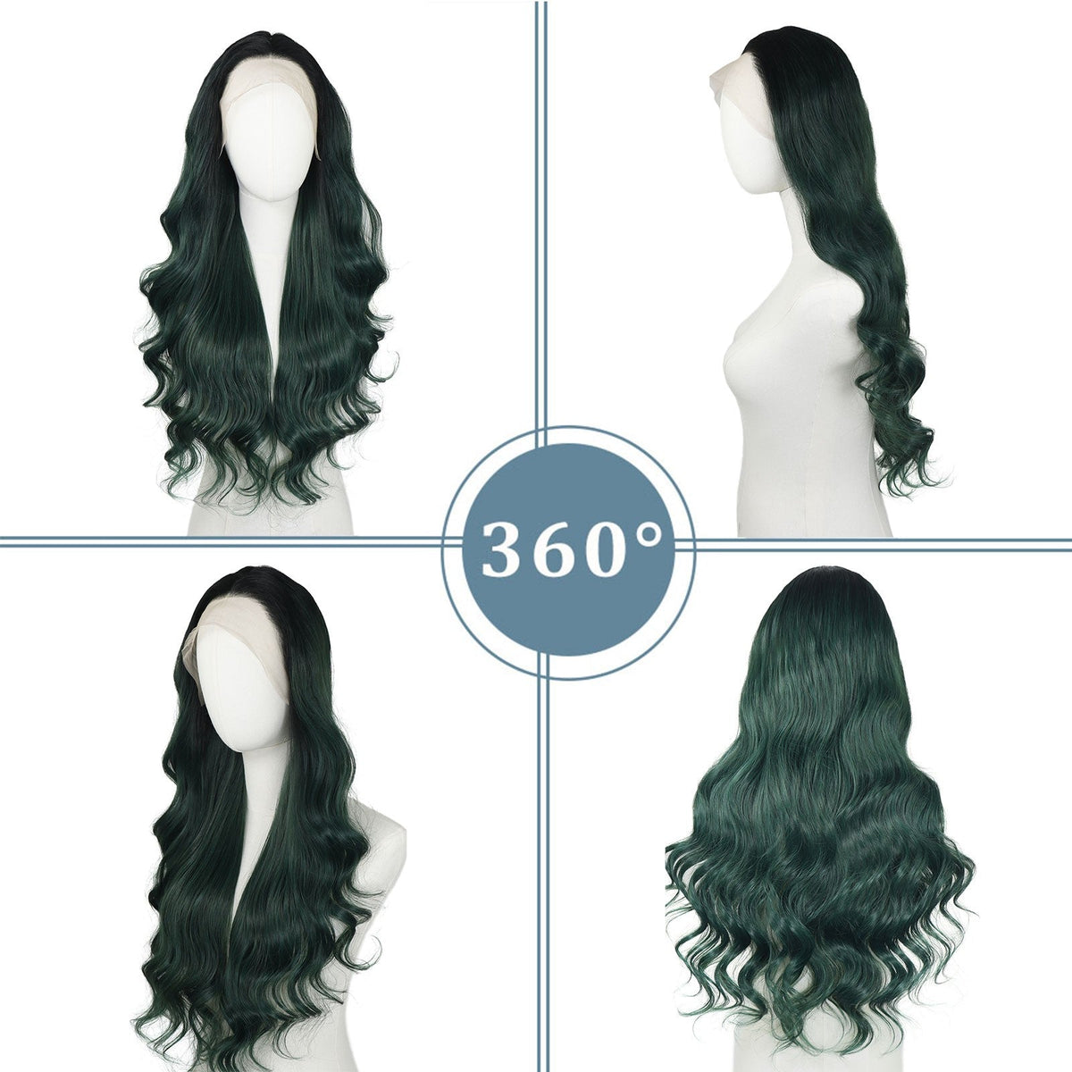 Ombre Dark Green Wavy Synthetic Wigs Dark Roots Cosplay 13x4 Lace Front Green Wig For Women Pre Plucked Natural Hairline