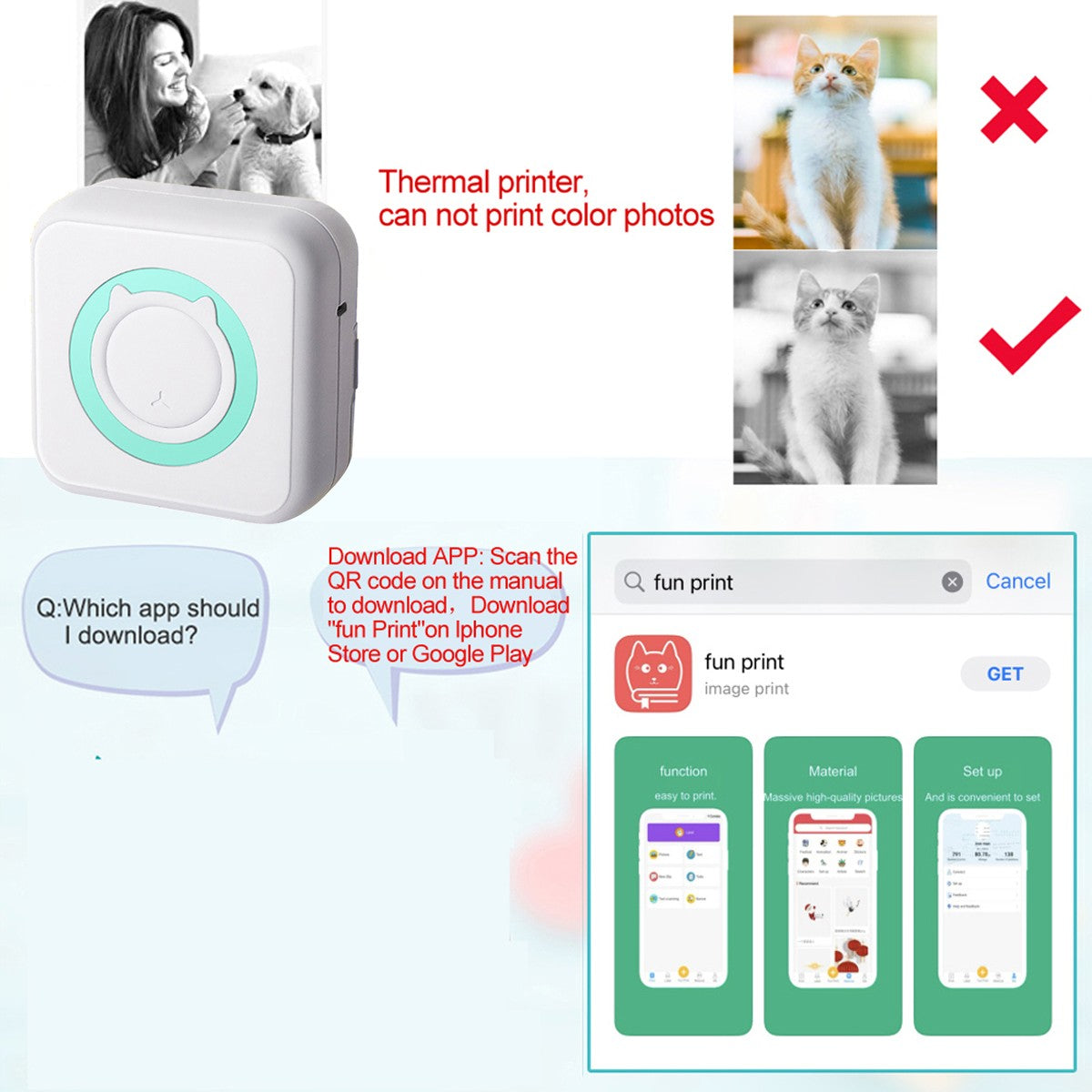 Portable Mini printer,thermal pocket Label printer, for Android or IOS APP, inkless sticker printer, suitable for home, office