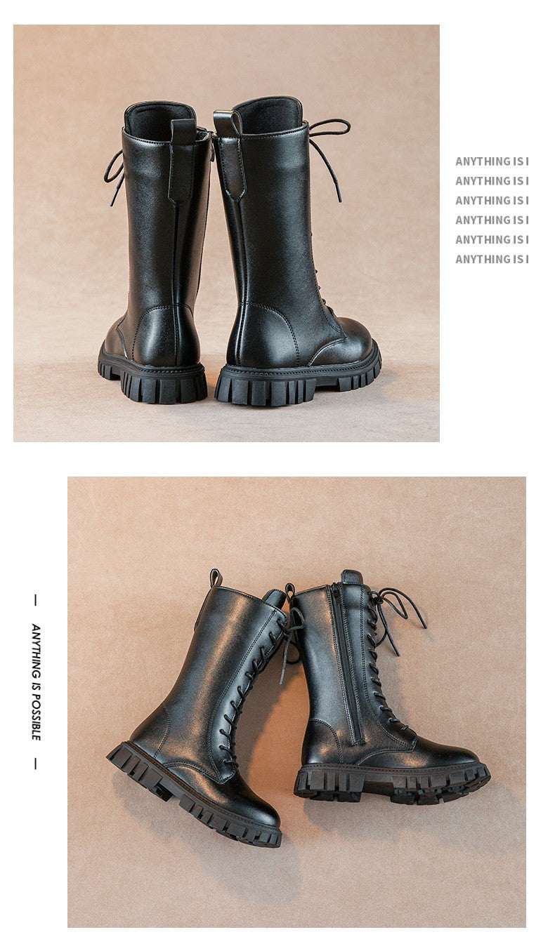 2025 Autumn/Winter Fashion Cool Baby Girls Warm Square Heel Round Toe Casual Lace-Up Comfortable Kids Black Mid Boots