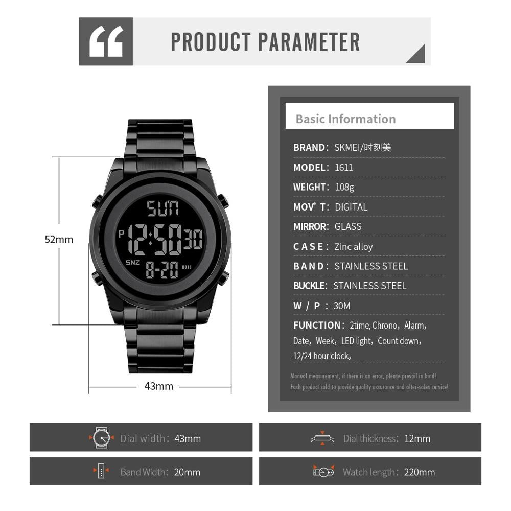 SKMEI Luxury Waterproof Watch for Men Stainless Steel Electronic Sports Digital Mens Wristwatches Man Clock Reloj Masculino 1611