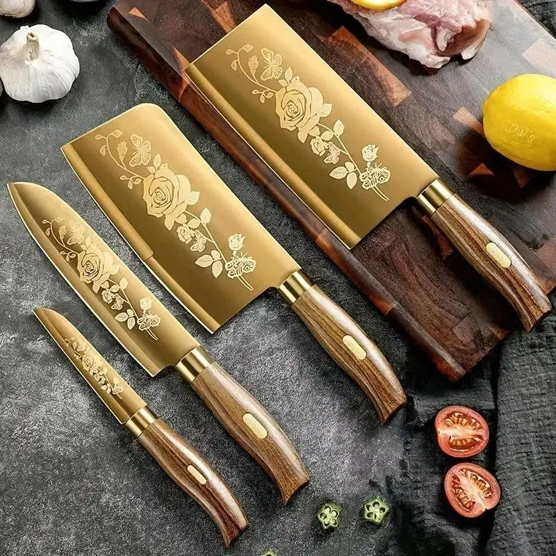4-Piece Titanium-Coated Kitchen Knife Set - Sharp, Durable, Perfect for Cutting Meat and Bones,Commercial kitchen and Home Cooks