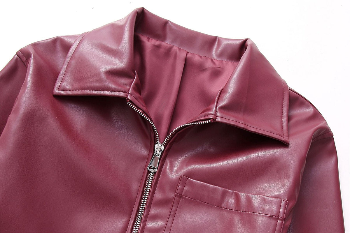 Women Vintage Wine Red Faux Leather Jakcet Fashion Outerwear Zipper Lapel Pu Coats Autumn Winter Streetwear Ladies Short Tops