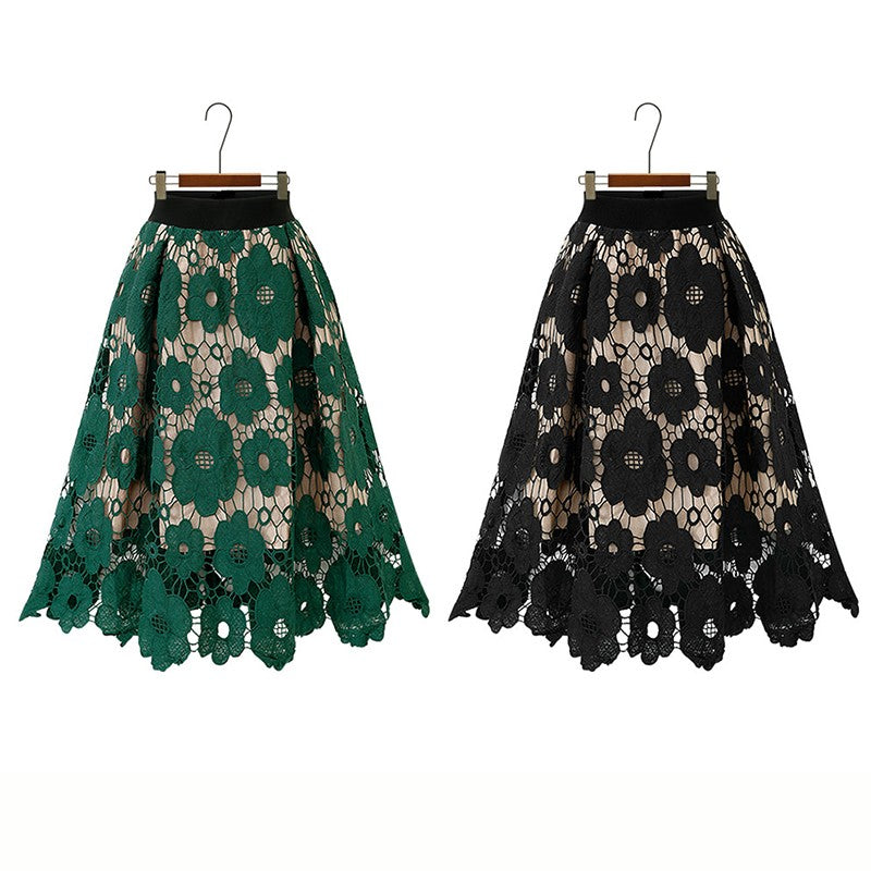 Summer Boho Lace Skirts Women Vintage Mesh Hollow Out Plus Size Skirt Elastic Waist Elegant A-Line Midi Saias Black Red Green