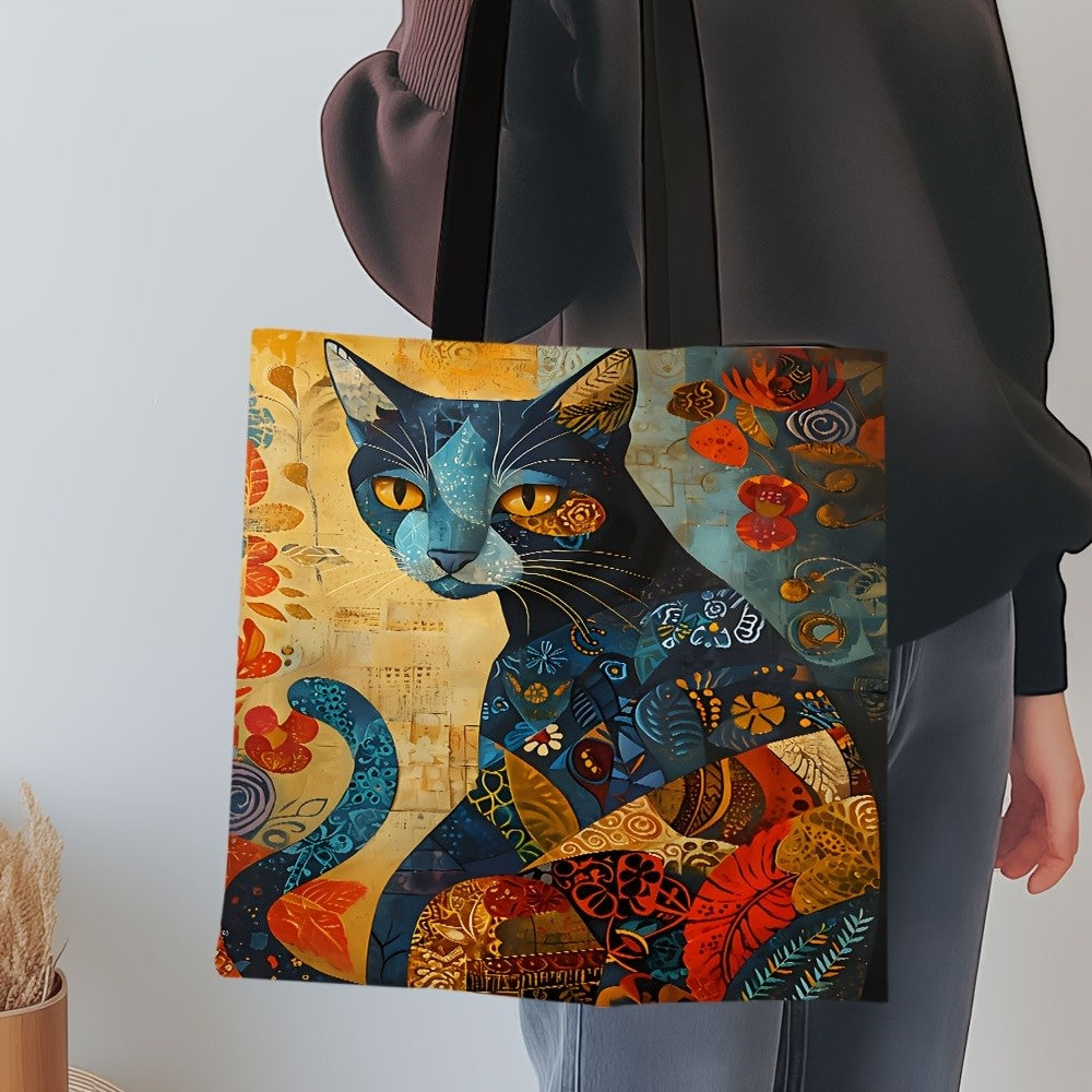 1pc Abstract Cat Tote Bag Cute Quirky Small Animal Shoulder Bag Printed Linen Eco Handbag Shopping Office Reusable Casual Bags