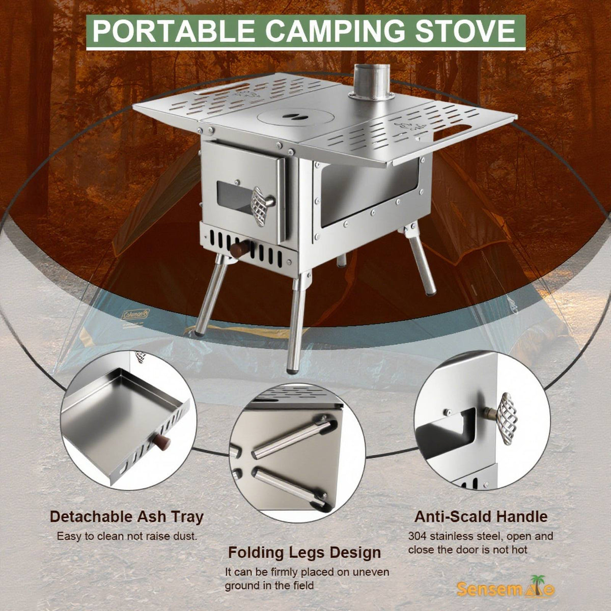 Hot Tent Wood Burning Stove Folding Stainless Steel 5-Section Chimney Outdoor Camping Wood Heater with Cooking Wing Panels