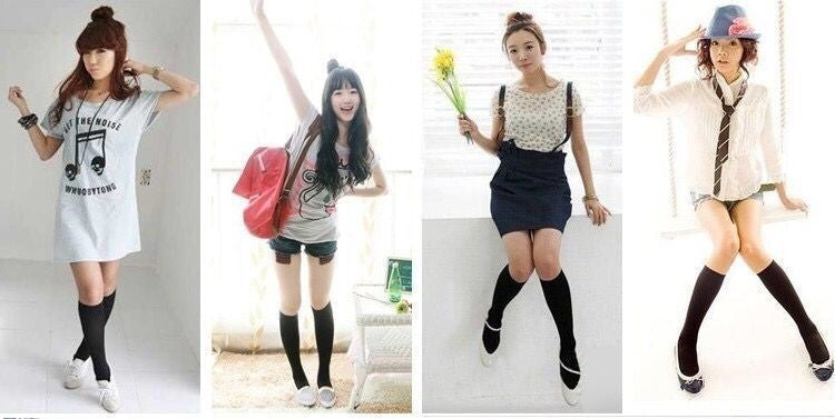 JK Women Black White Knee High Lolita Socks Lady Girls Over Knee Cute Long Sock Thin Breathable Solid Color Stockings For Women