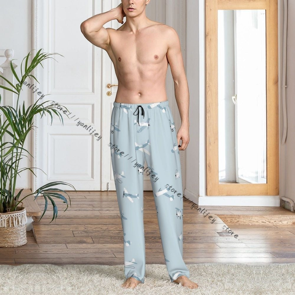 Men's Sleepwear Loose Sleep Pants Pajamas Cute Airplanes Long Lounge Bottoms Casual Homewear