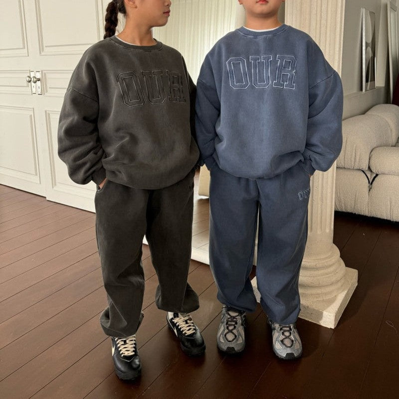 2025 Winter New Children Letter Tracksuit Outfits Boys Girls Fleece Sweatshirt + Pants 2pcs Suit Baby Warm Sports Clothes Set