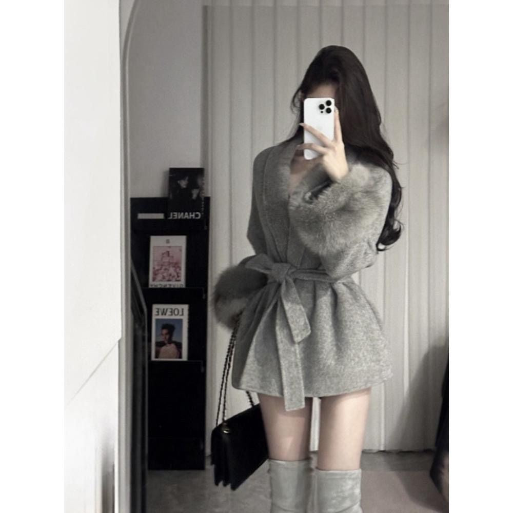 2025 Retro Elegant Lace Up Woolen Casual Overcoat Women Harajuku Loose Warm Plush Long-sleeved Autumn Fashion New Street Jacket