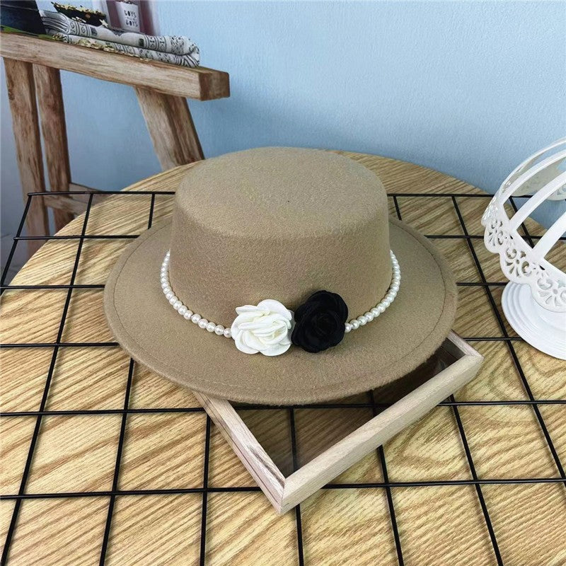 Women's Floral Chain Fedora High Fashion with Pearl Pins Bump Cap Black White Autumen Winter Ladies Fedoras Wide Brim Girl Hat