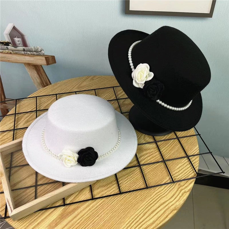 Women's Floral Chain Fedora High Fashion with Pearl Pins Bump Cap Black White Autumen Winter Ladies Fedoras Wide Brim Girl Hat