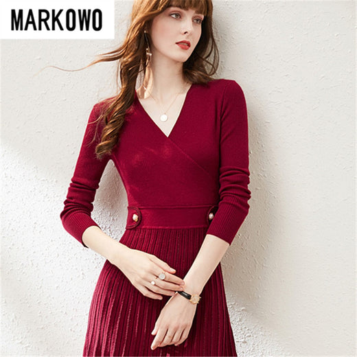 MARKOWO Desinger Brand 2022 Autumn and winter niche wool retro temperament slim V-neck knitted pleated dress