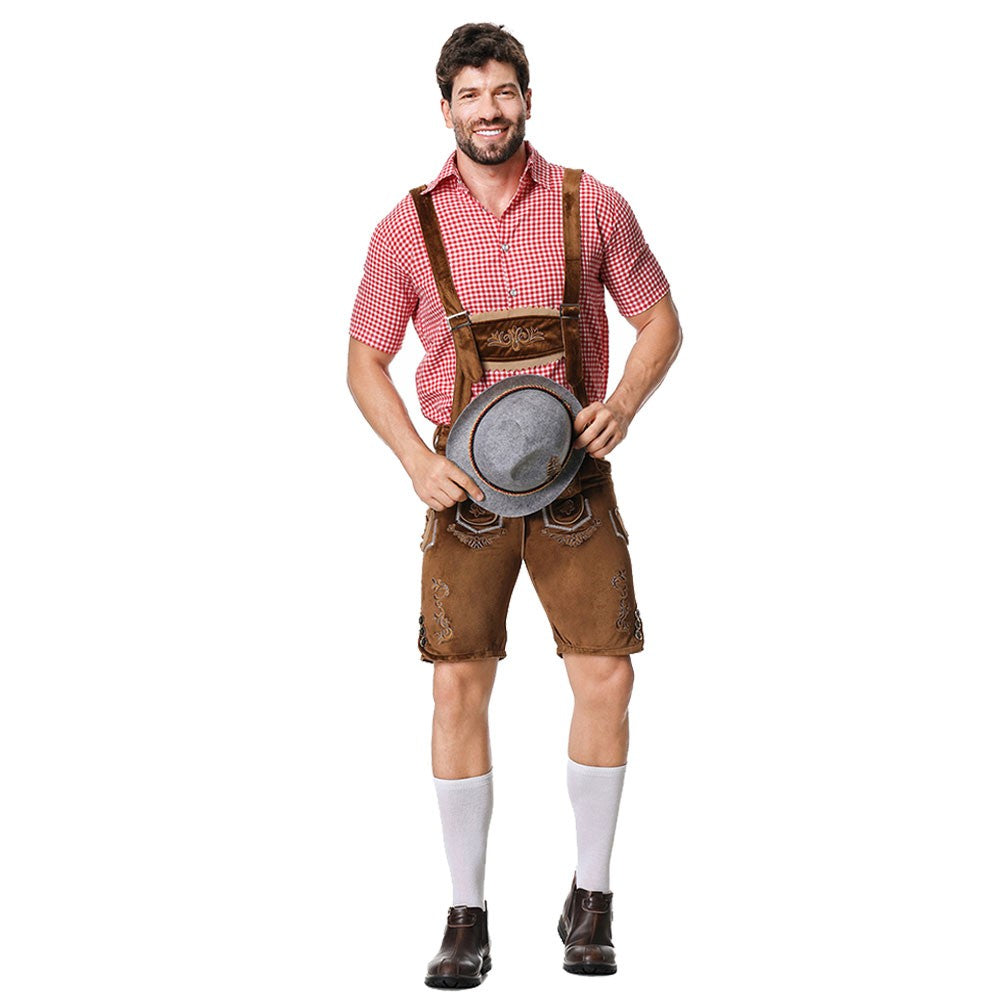 Male Oktoberfest Lederhosen Costume Bavarian Octoberfest German Beer Costume Shirt Suspender Shorts Hat Cosplay Costumes