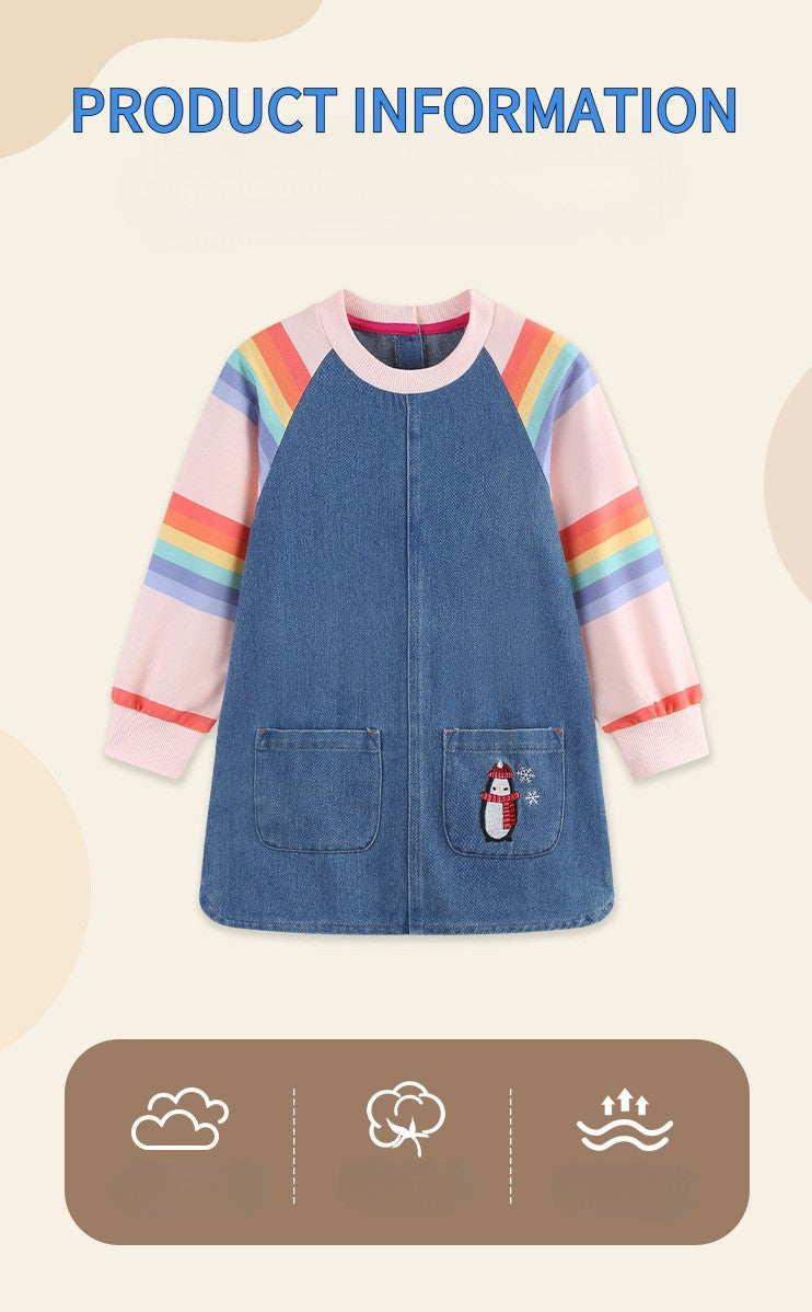 New Girls' Dress Round Neck Children's Princess Dress Denim Fabric Toddler Kids Clothing 4-8Y