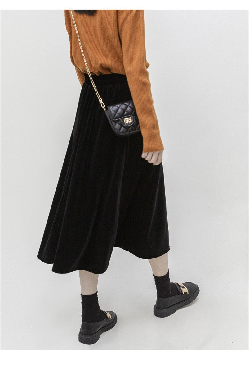 French Style Black Velvet Skirt For Women High Waist A-Line Velour Skirts Spring Autumn Simple High Street Long Skirts Plus Size