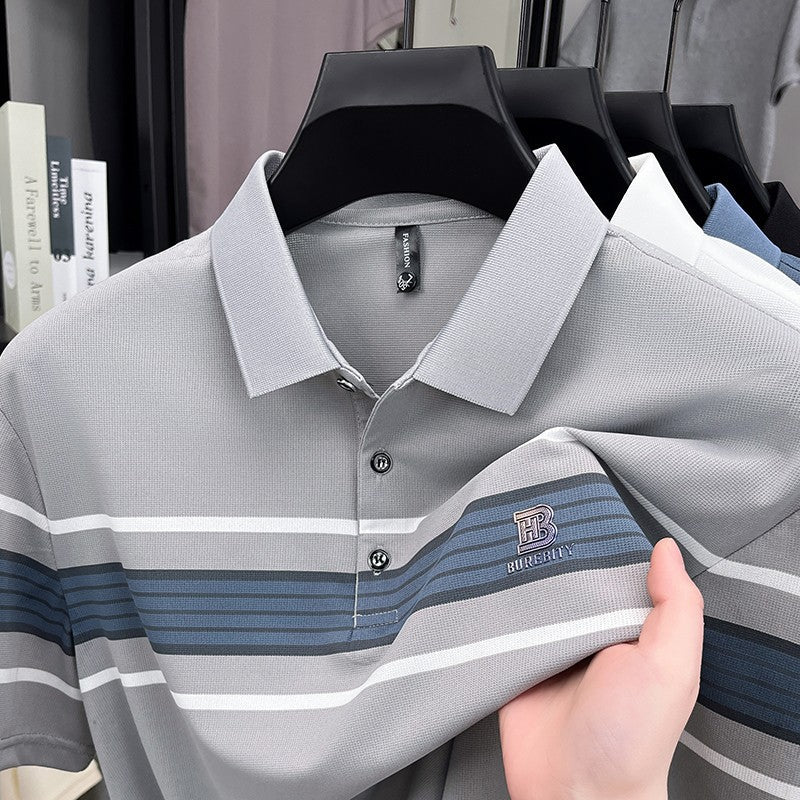 High end letter embossed short sleeve polo shirt luxury brand T-shirt fashion striped summer new ice silk breathable men's top