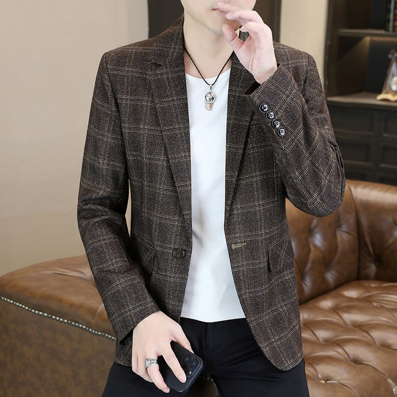 Blazer's New Men's Fashion Outdoor Travel Camping Youth Wedding Hosting Campus Slimming Casual Checkered Korean Version Blazer