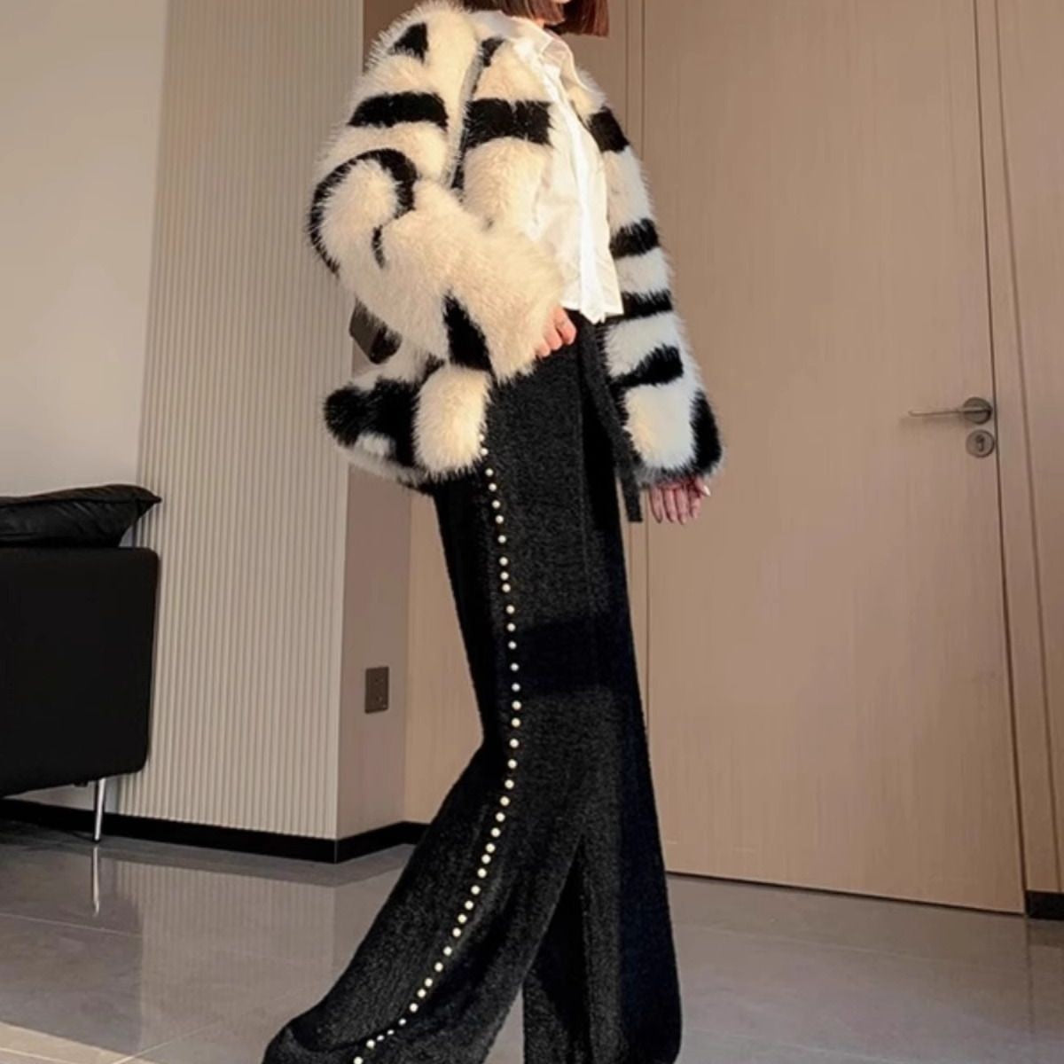 Pink Mink Fur Nail Bead Knitted Wide Leg Pants for Women in Autumn and Winter Lazy and Relaxed Casual Straight Leg Long Pants