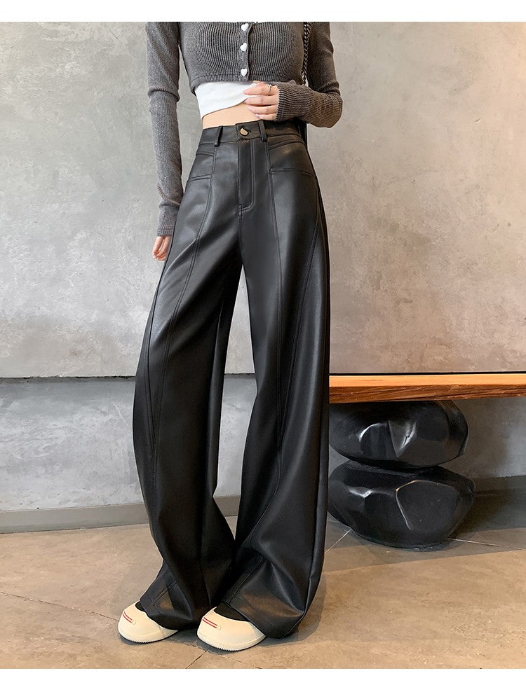 2025 New High Waist Vintage Black Women's PU Leather Wide-Leg Pants Loose Straight Retro Casual Floor-Length Pant Autumn Winter