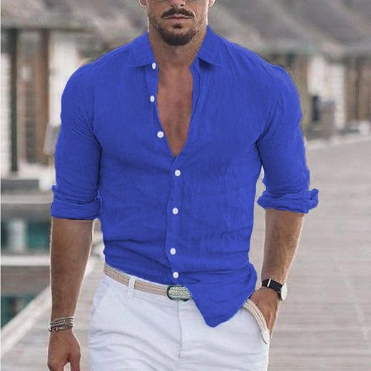 Summer Men's Cotton Linen Long Sleeve Casual Shirt Hawaii Fashion Lapel Loose soft comfortable Breathable Solid color Cardigan