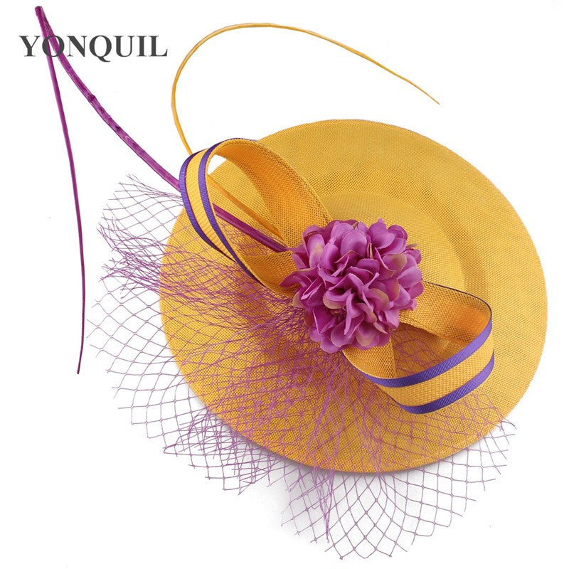 New Design Yellow With Purple Hair Fascinator Hat Headband Bridal Wedding Party Headpiece Mesh Ladies Occasion Hair Accessories