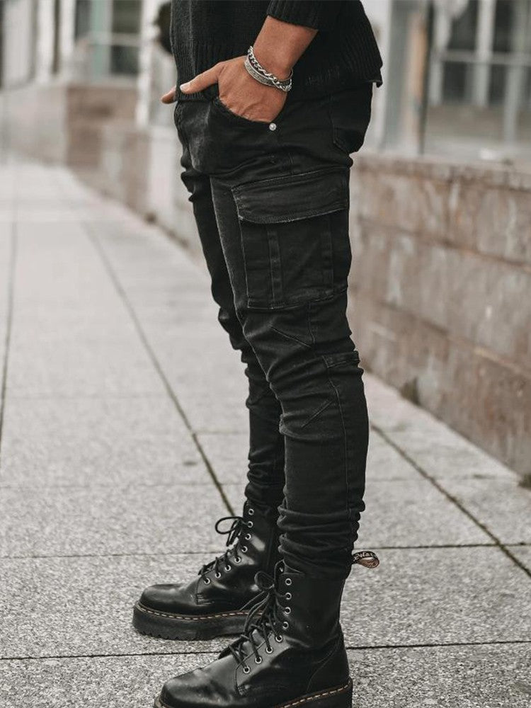 Men's Fahsion Elastic Slim Fit Jeans Men Cargo Denim Pants Solid Color Multi Pockets Casual Skinny Male Trousers mens clothing