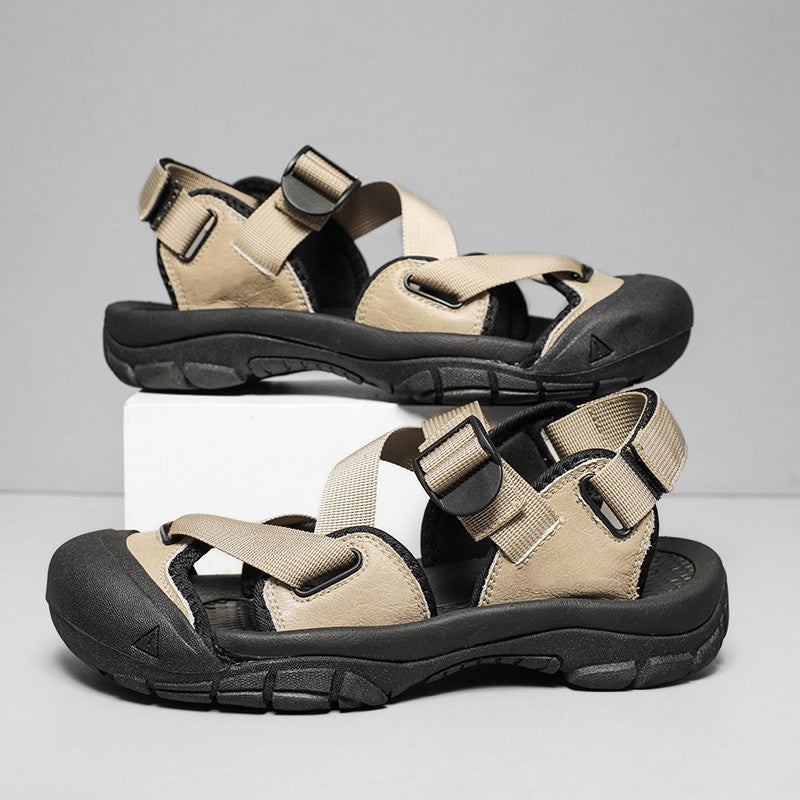 Sandals for Men's Summer New Cowhide Casual Beach Shoes, Genuine Leather for Men's Anti Slip Middle-aged Sandals and Slippers