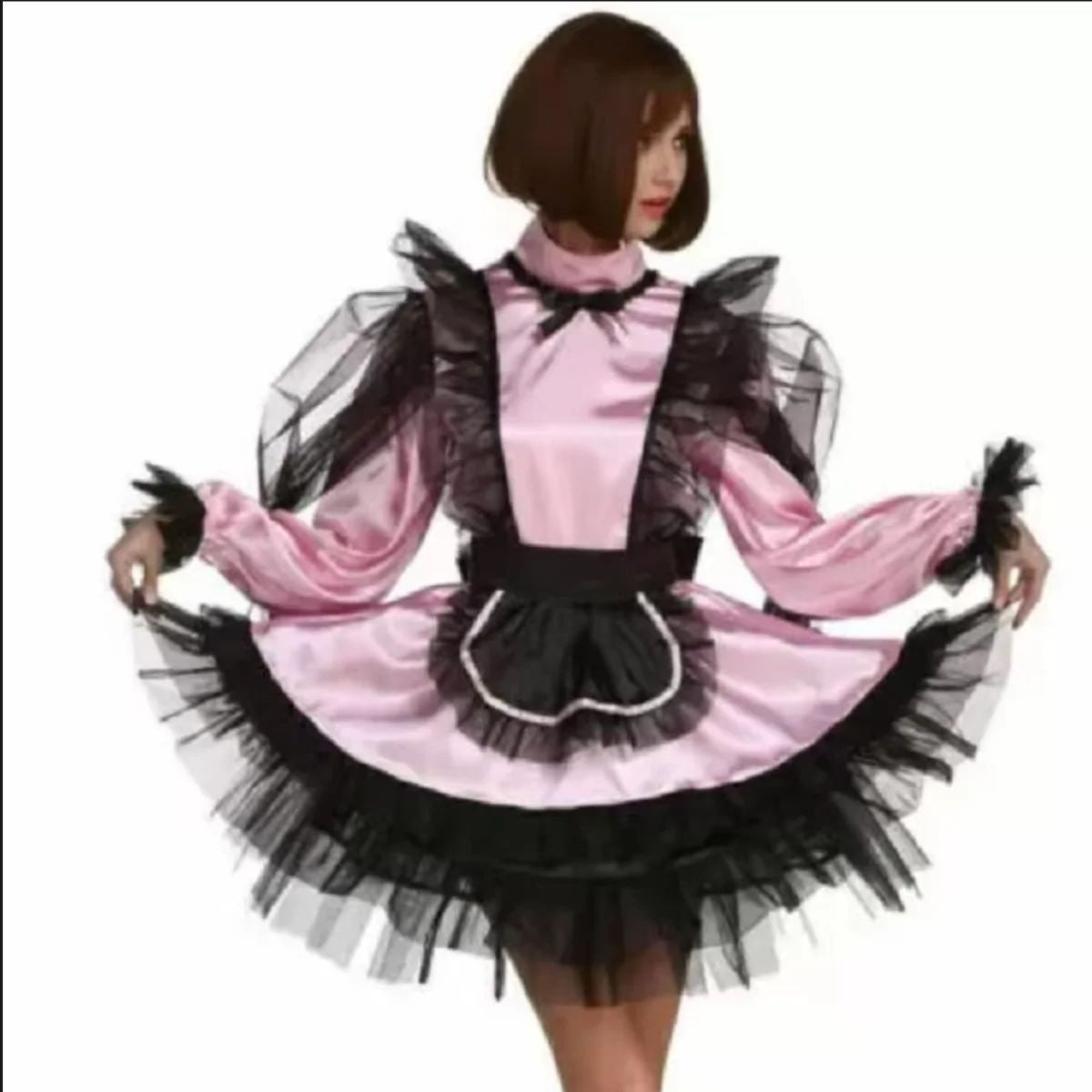 Dresser's Cross Dressing UniformSissy Girl Modeling Organza Dyed Pink Medium Neck Long Sleeved Dress Cross Mai Can Be Customiz