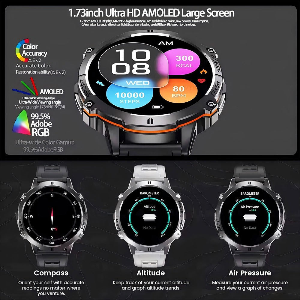 2026 Newly upgraded GPS Military Sports Smart Watch 1000mAh 1.7-inch AMOLED Compass Altimeter Call 10ATM Waterproof Sports Watch