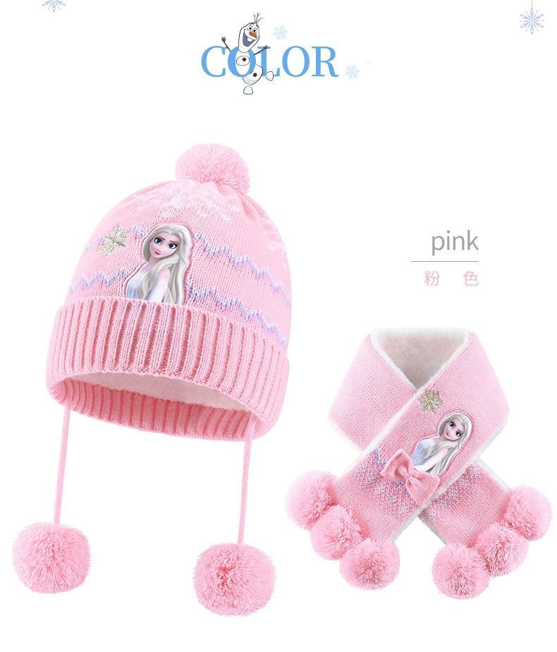 Disney Elsa Cartoon Cute Student Hat and Scarf Creative Kawaii Girls Princess Winter Warm Three-Piece Set Christmas Gift